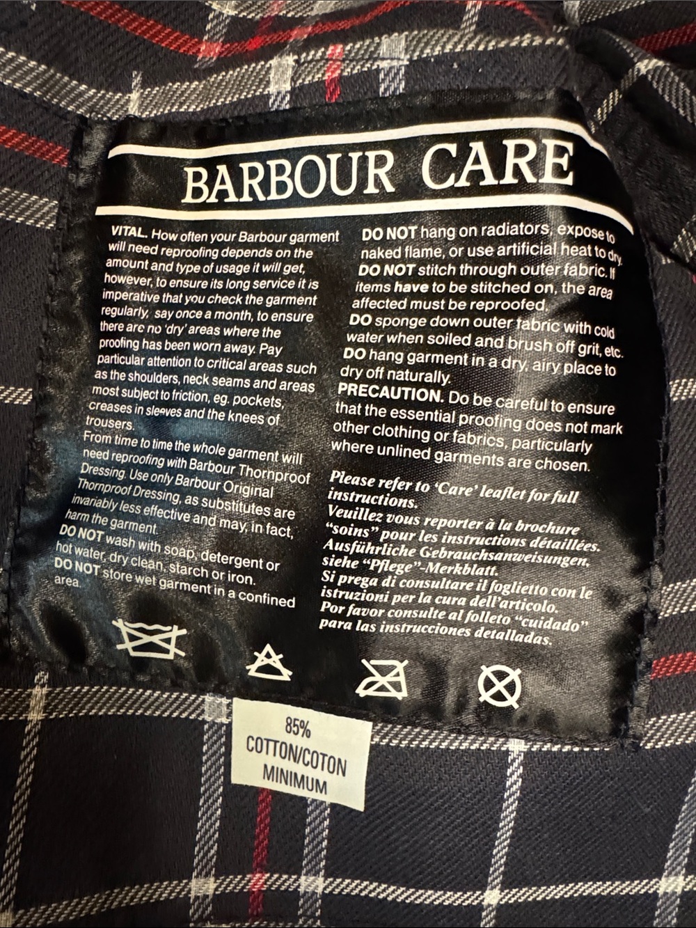 Barbour Border Wax Jacket in Navy with Corduroy Collar and Plaid Lining - Picture 15 of 16
